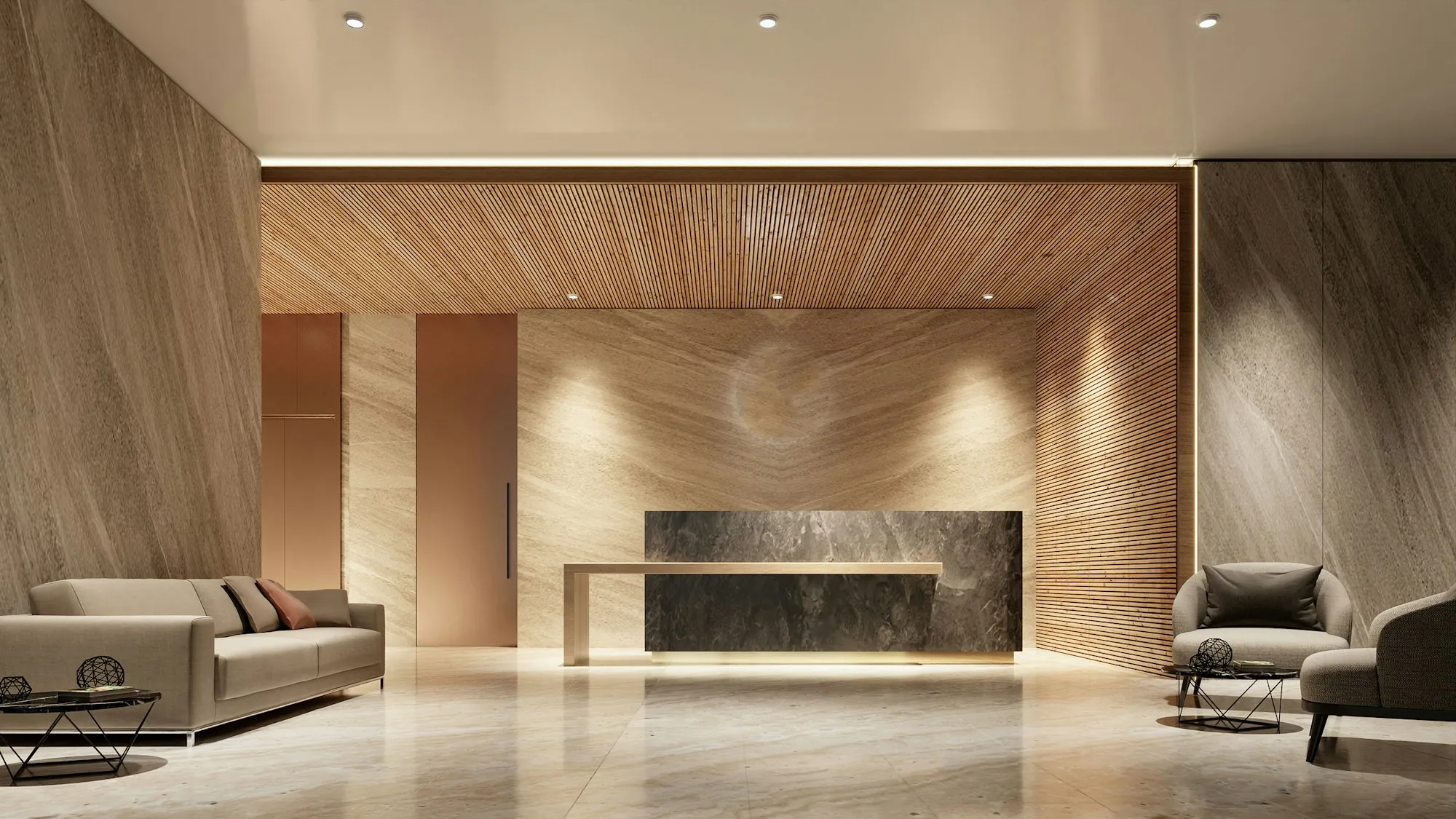 Wood-paneled lobby with a reception counter